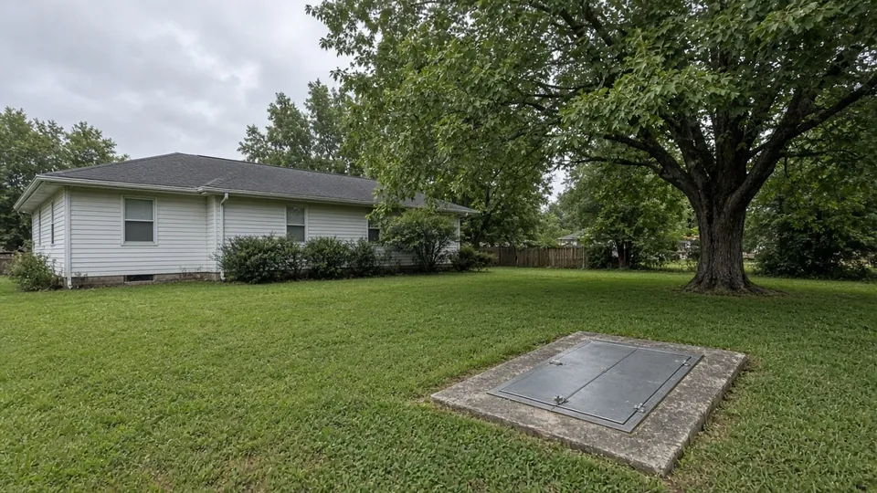 Flush steel storm shelter door in the lawn behind a brick home in southern Illinois