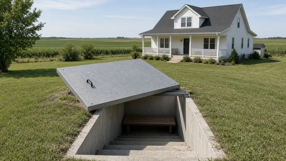 Open in-ground storm shelter with concrete steps in a southern Illinois backyard