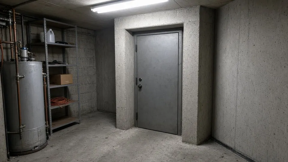 Reinforced concrete shelter room with a steel door in a home basement