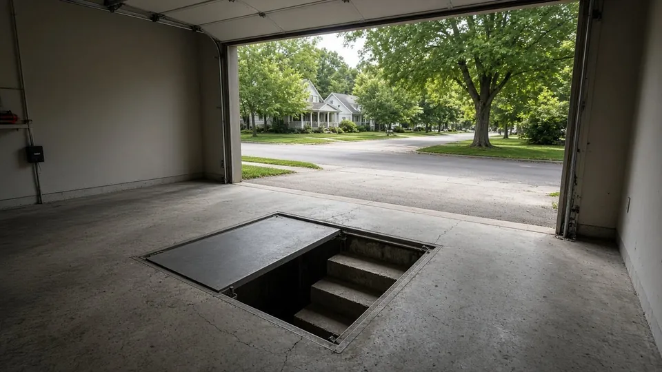 Garage floor storm shelter hatch set into a concrete slab