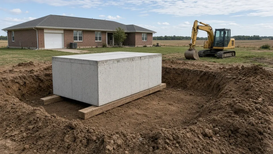 Prefabricated concrete storm shelter unit on a trailer beside an excavated pit
