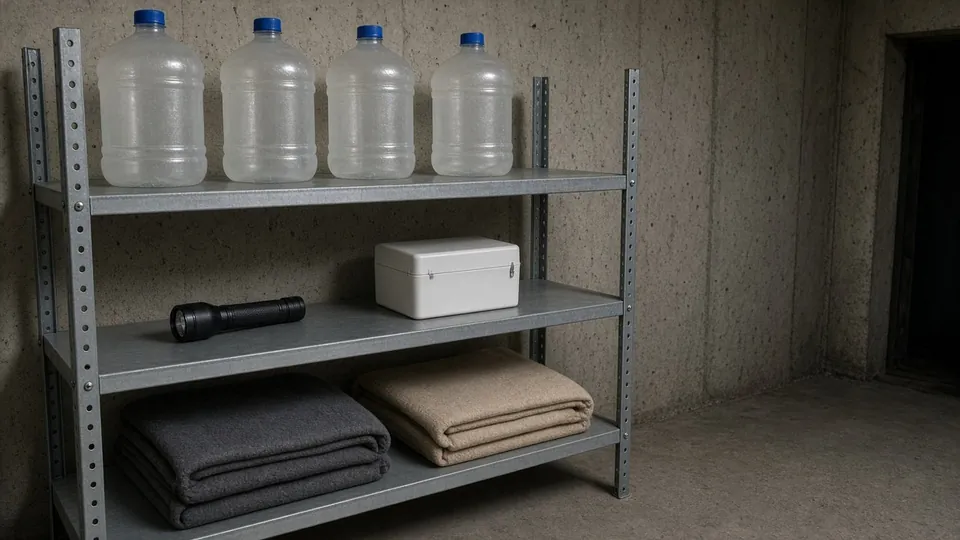Example photo of a tornado emergency kit with water, flashlight and weather radio