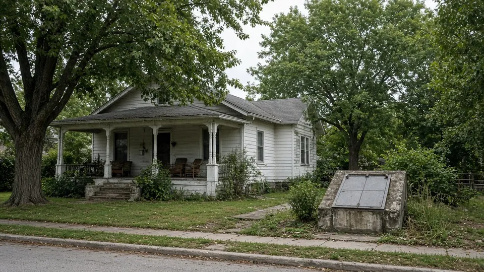 Example photo of an older small-town southern Illinois street with a storm shelter